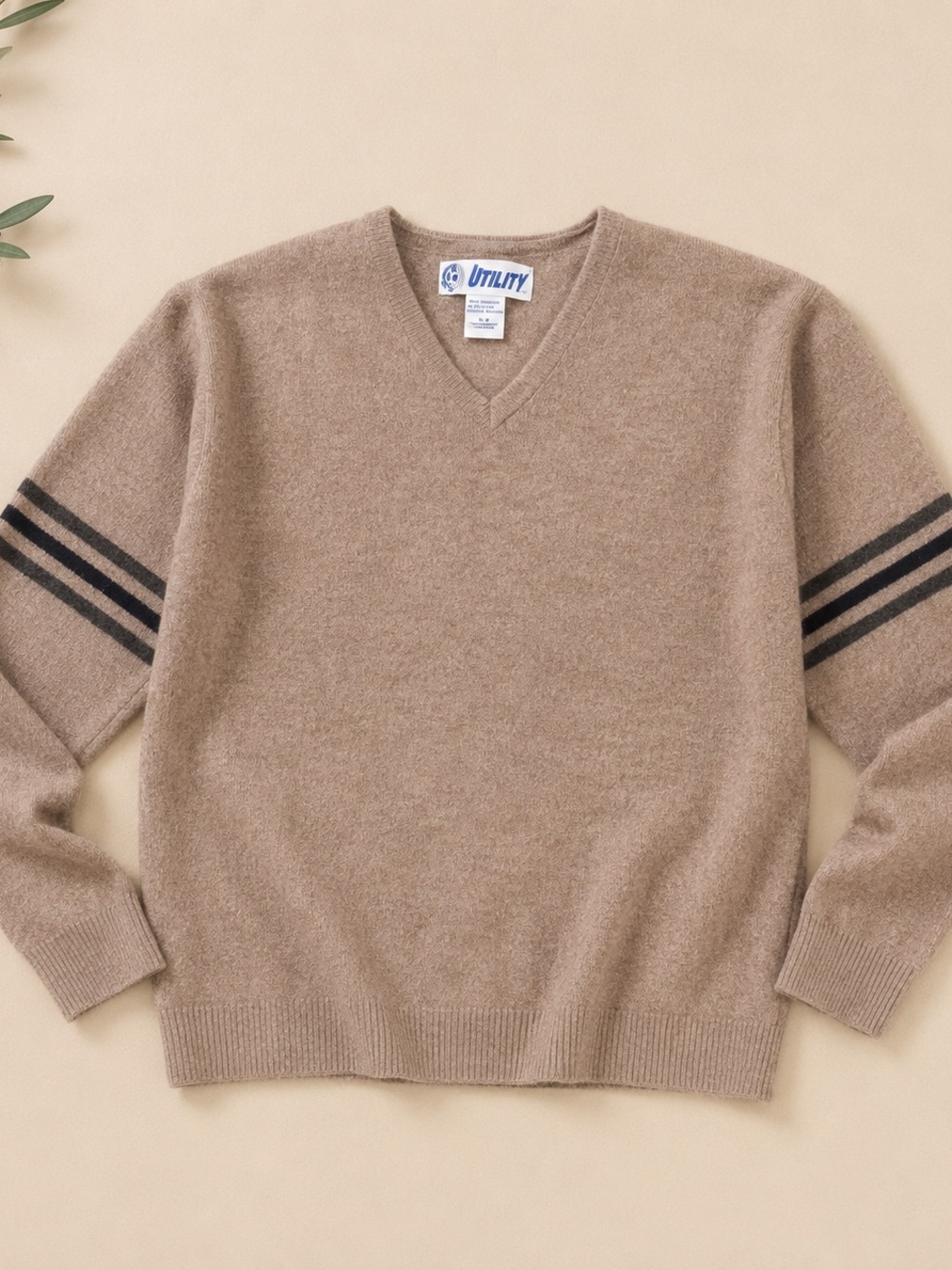 Vintage Lambswool Blend V-Neck Sweater in Taupe with Contrast Stripes